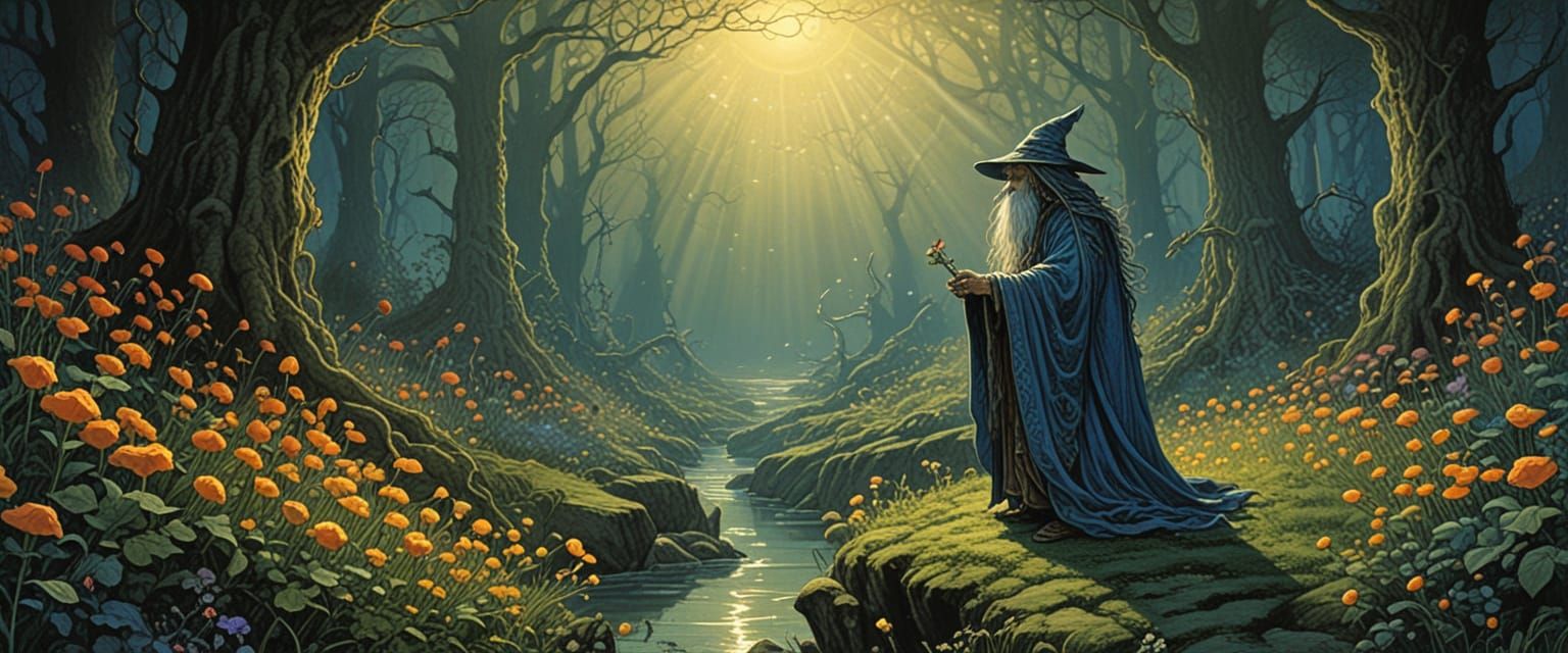 Mystical Wizard in Eerie Sunlight with Glowing Flowers