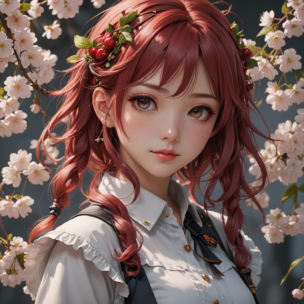 Anime Portrait of a Girl with Cherry Hair