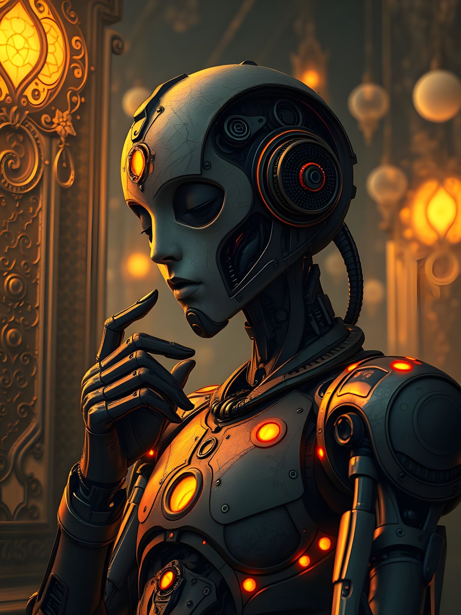 Cyberpunk Roboter in a Mournful Mood, Concept Art in 8K Reso...