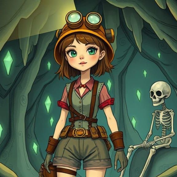 Steampunk Adventurer in a Diamond Cave, Illustrated Style