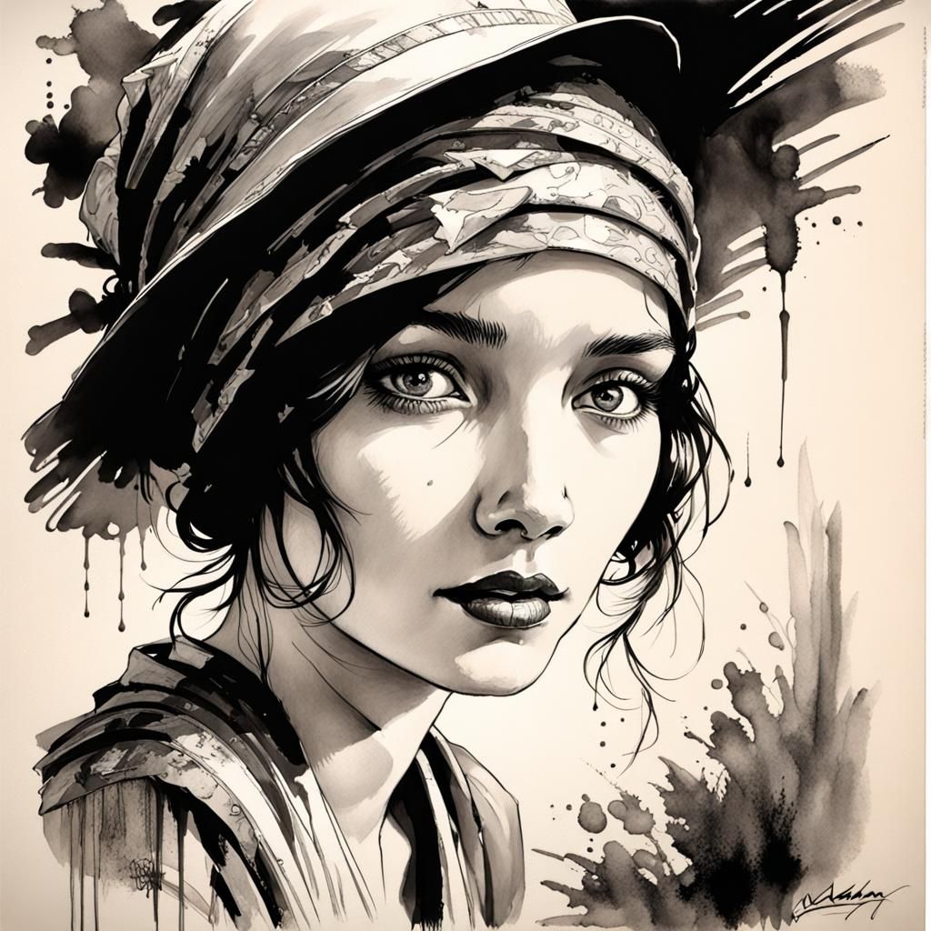 1920s French Woman, Hyperdetailed Ink Splash Art