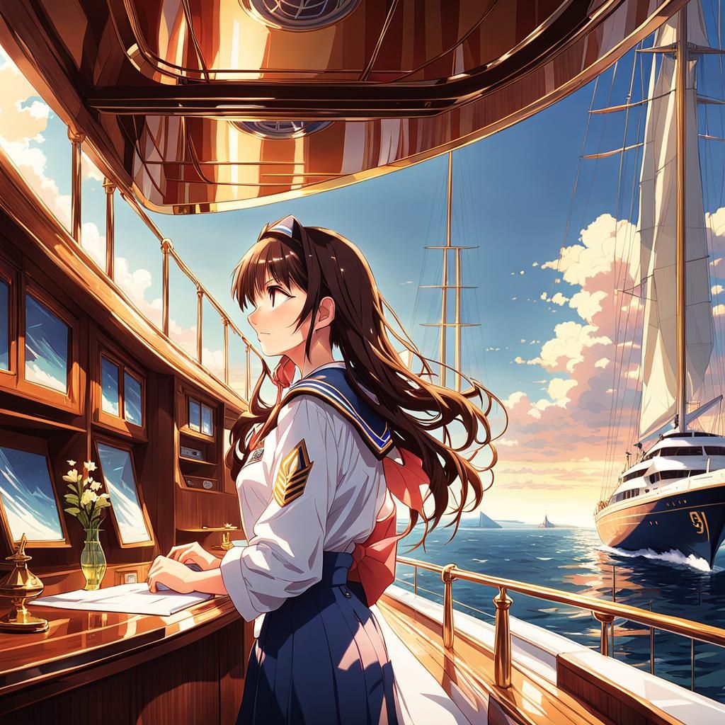 an anime girl, long flowing brown hair, blue eyes, flattered, blushing cheeks, sailor uniform, sailing a luxury yacht, p...
