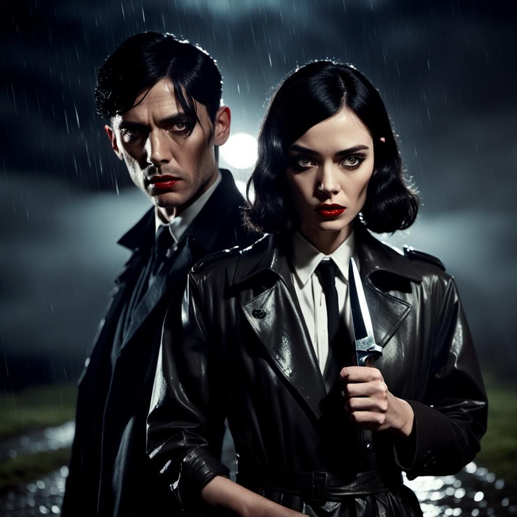 Film Noir: Woman with Knife in Rainy Scene