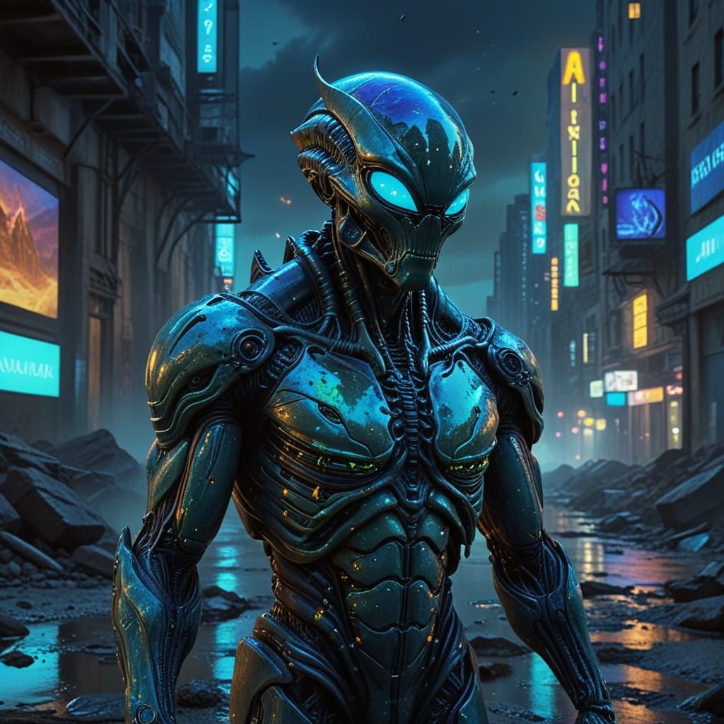 Surreal Digital Art of Alien Encounter in Futuristic Citysca...