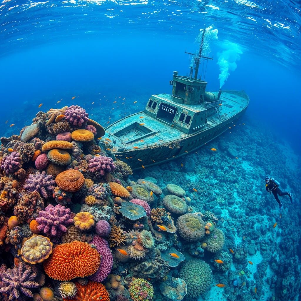 Rotten Japanese WWII Battle ship submerged in the ocean and overgrown by a stunningly beautiful extremely colorful promi...