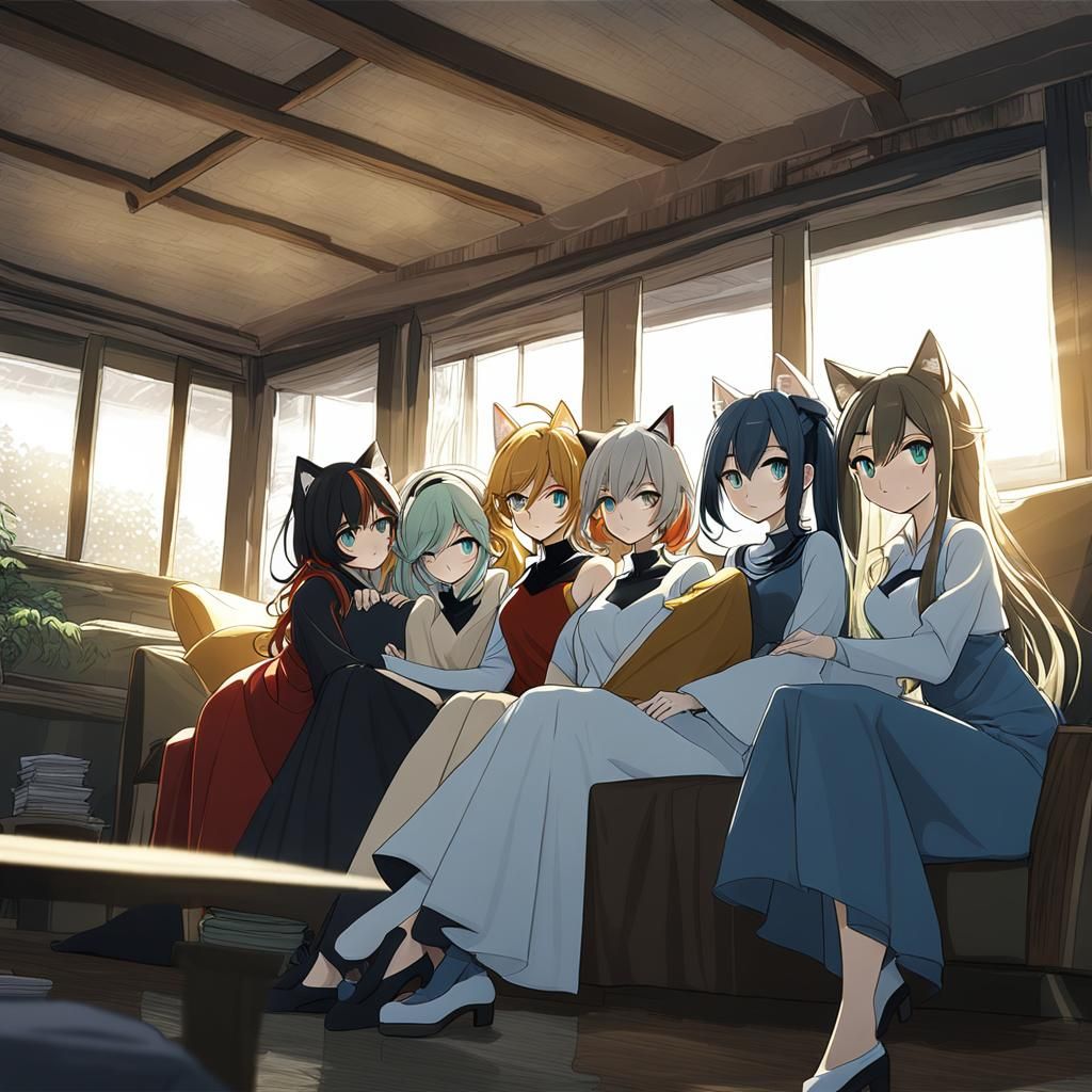 Anime Girls Cuddle in Sunlit Home
