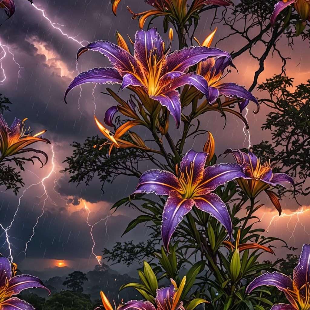 Lightning Flower in Thunderstorm at Sunset: Hyperrealistic H...
