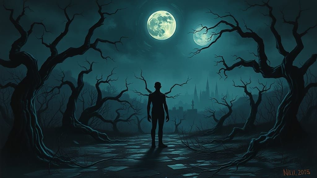 Distorted Figure in Moonlit Landscape: Gothic Surrealism