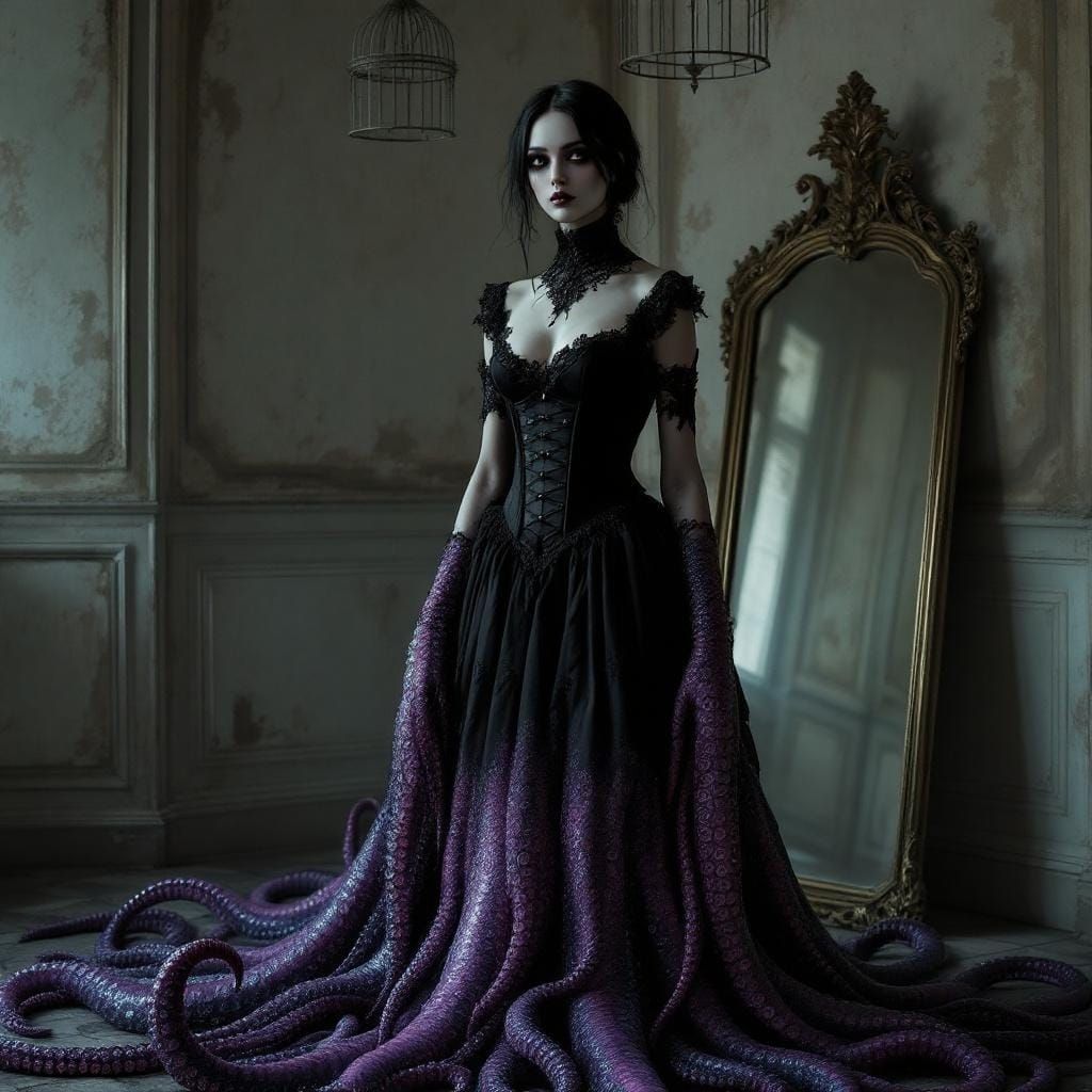 Gothic Woman with Tentacles in Surreal Victorian Setting