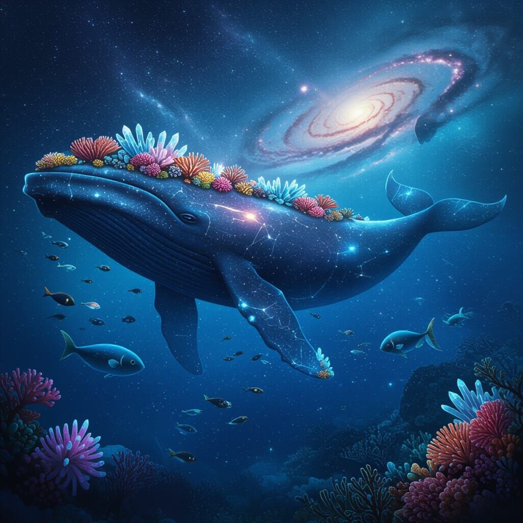 Ancient Whale in Celestial Ocean of Stardust and Nebulae