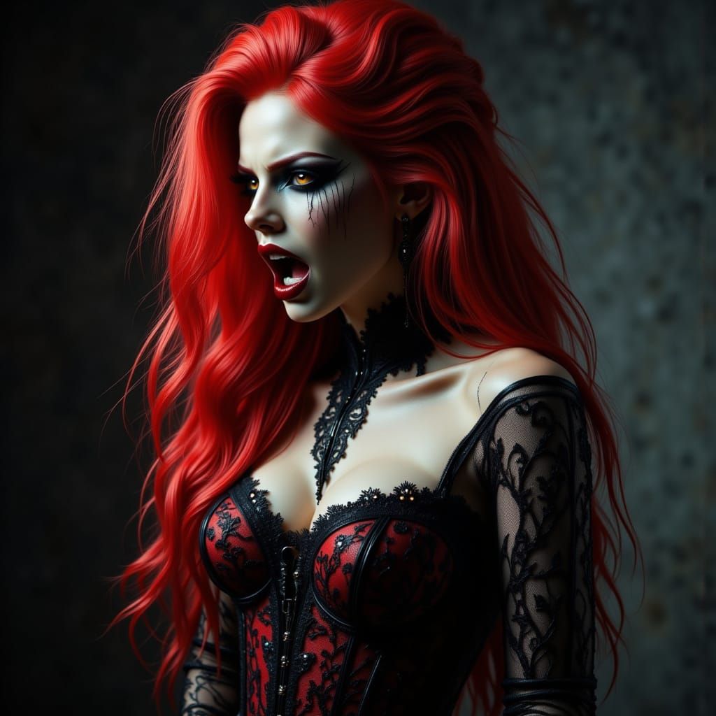 Gothic Woman in Fiery Red Hair Amidst Emotional Turmoil