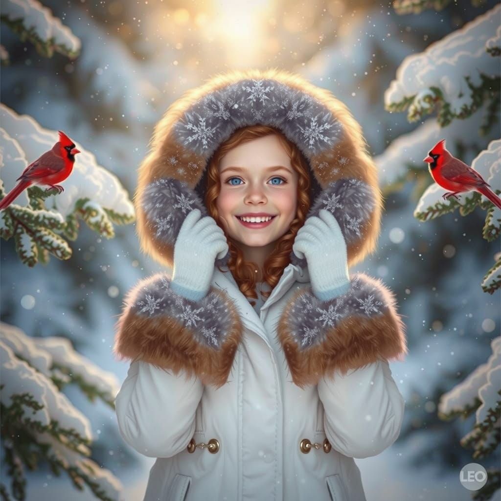 Red-Haired Girl in Snowy Forest, Photorealistic Portrait