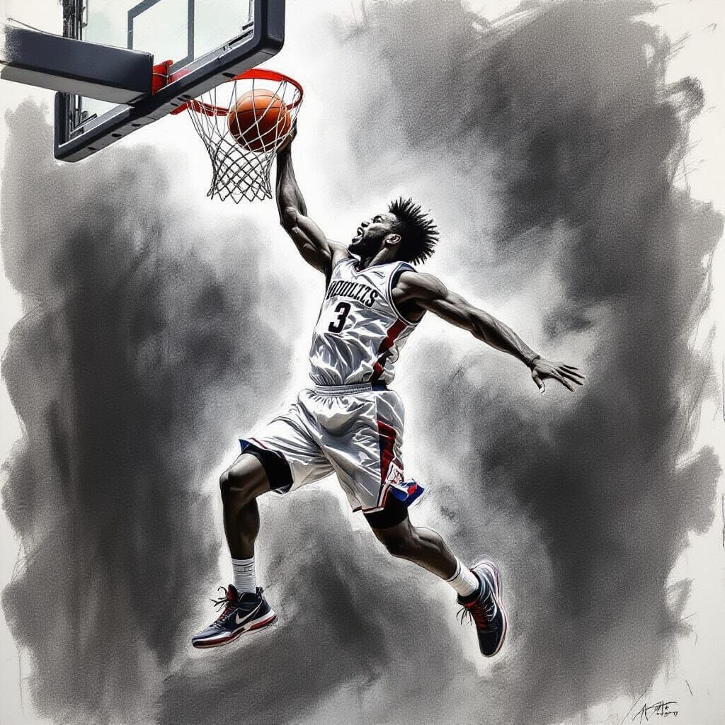 Basketball Player Slam Dunk in Charcoal Art