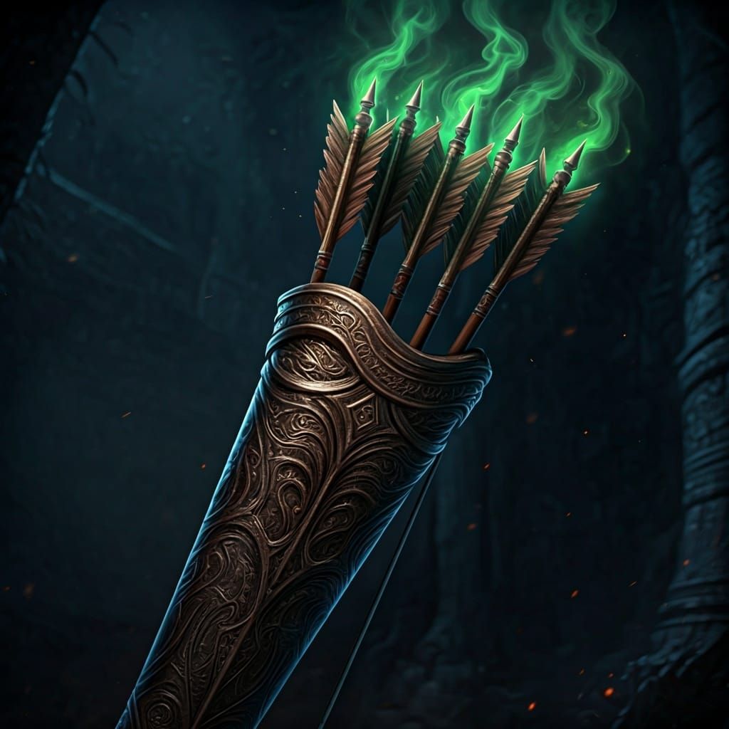 Mystical Arrows with Glowing Runes and Green Mist