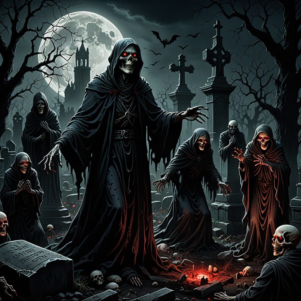 Dark Fantasy Graveyard Scene with Eerie Ghouls
