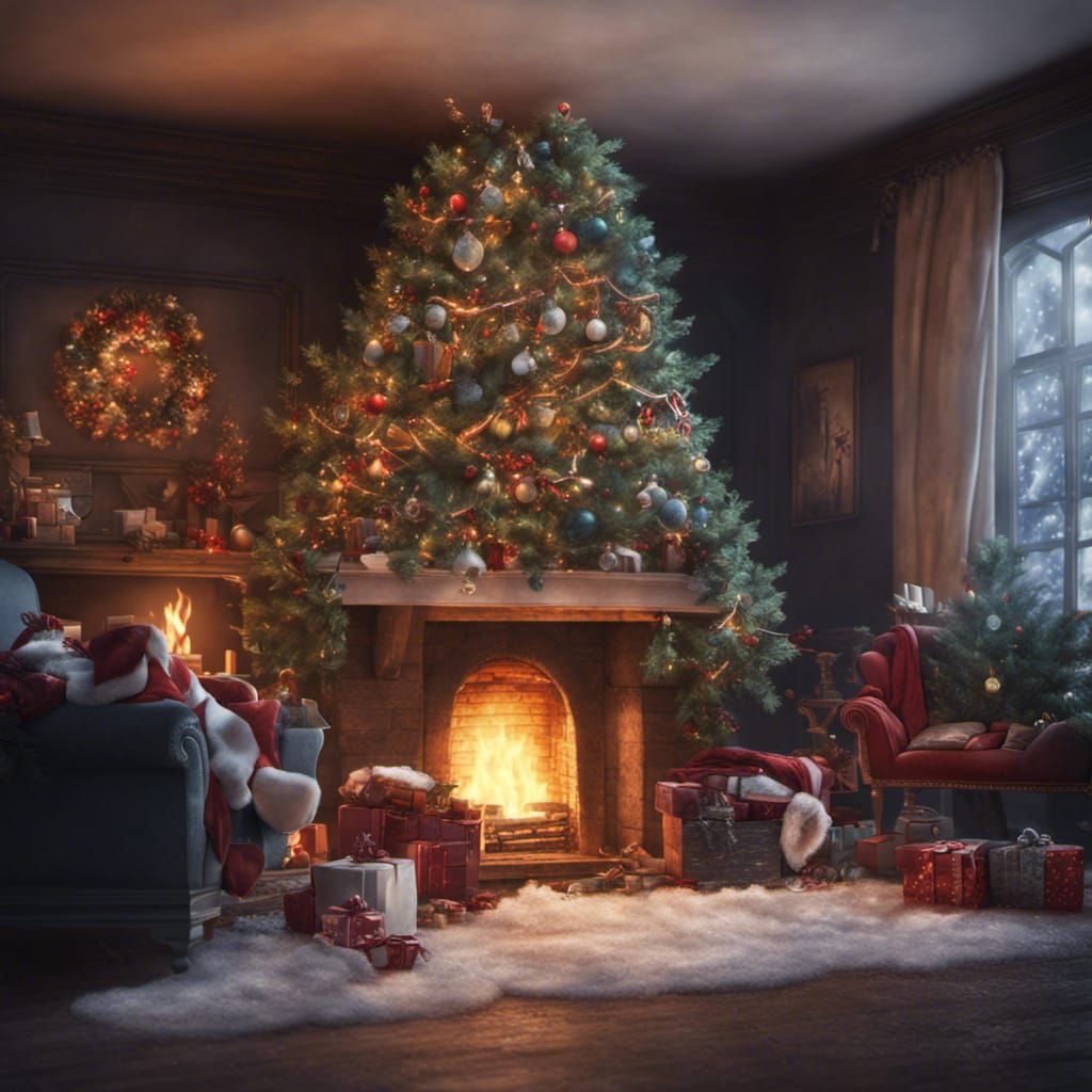 Winter Scene with Christmas Tree in Detailed Painting