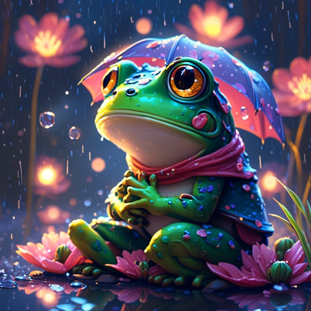 Chibi Frog in Rainy, Bioluminescent Scene