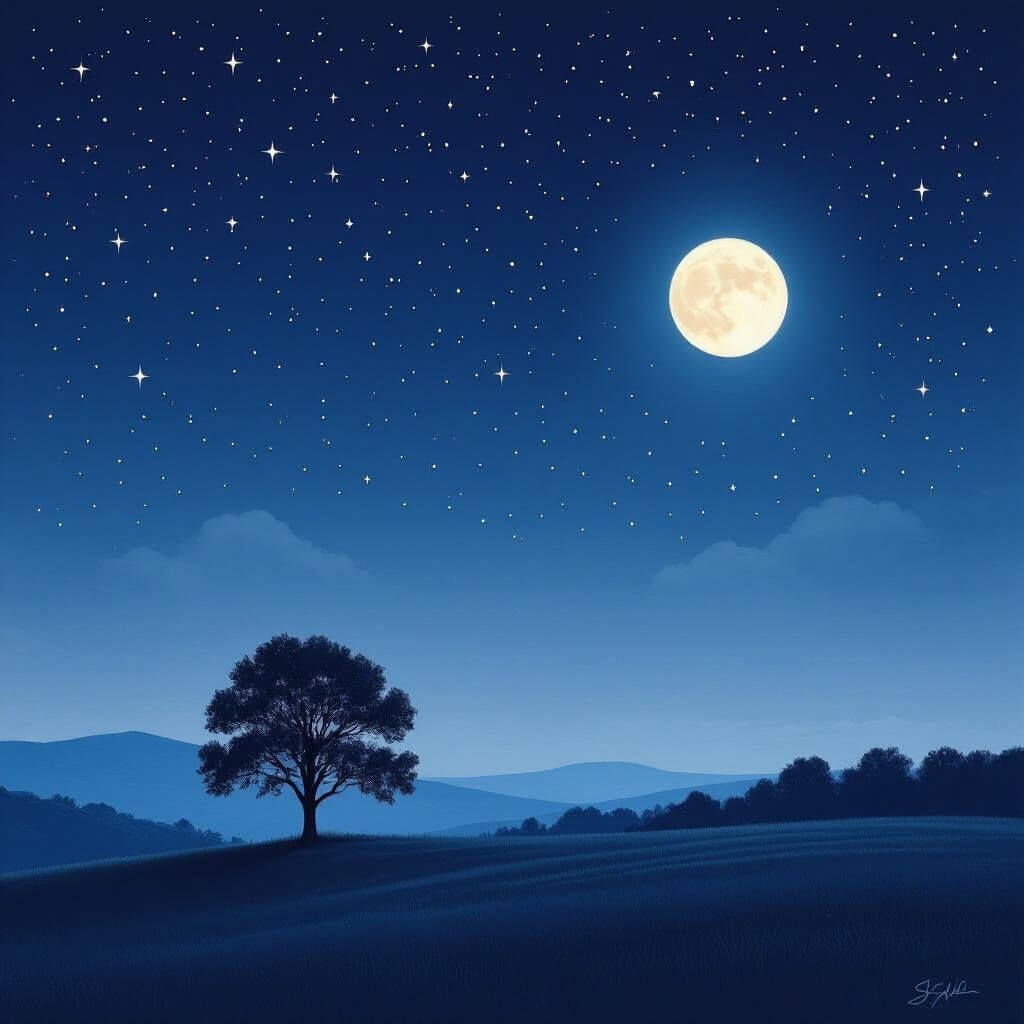 Midnight Landscape with Silhouetted Tree in Ethereal Style