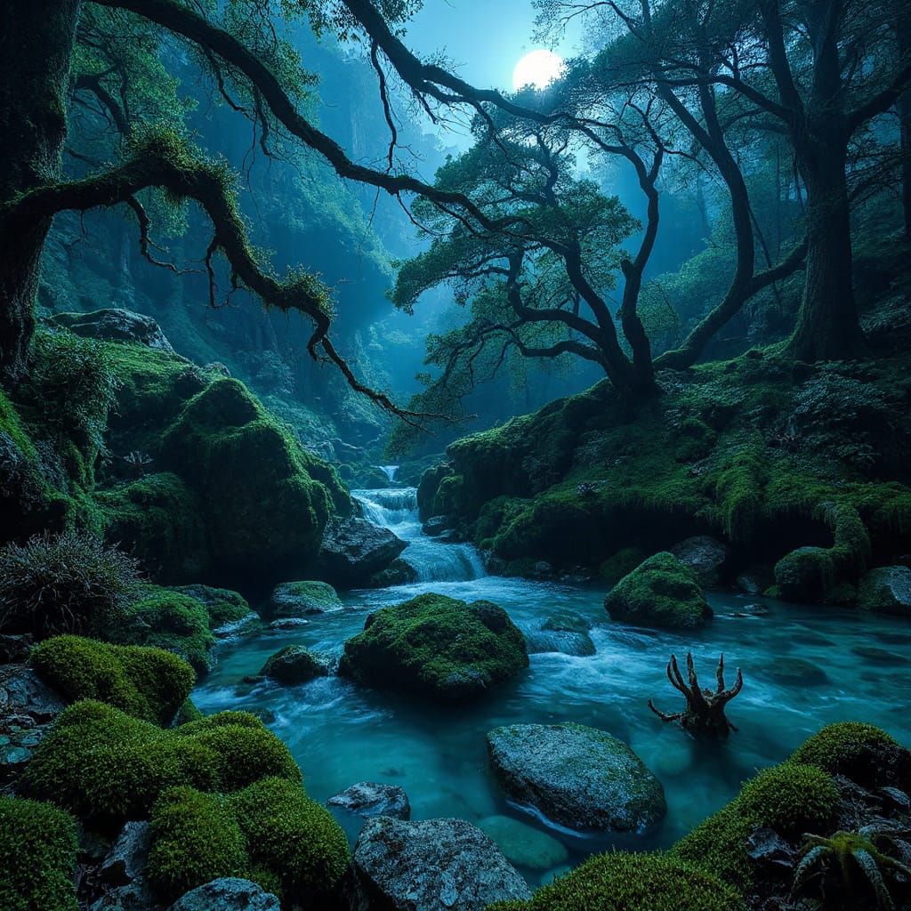 Bioluminescent Grotto in Futuristic Forest, Concept Art