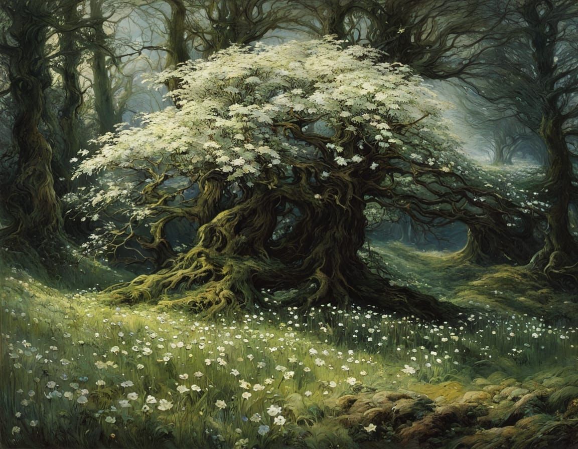 Surreal Wood Anemones Bloom Under Ancient Tree at Dawn