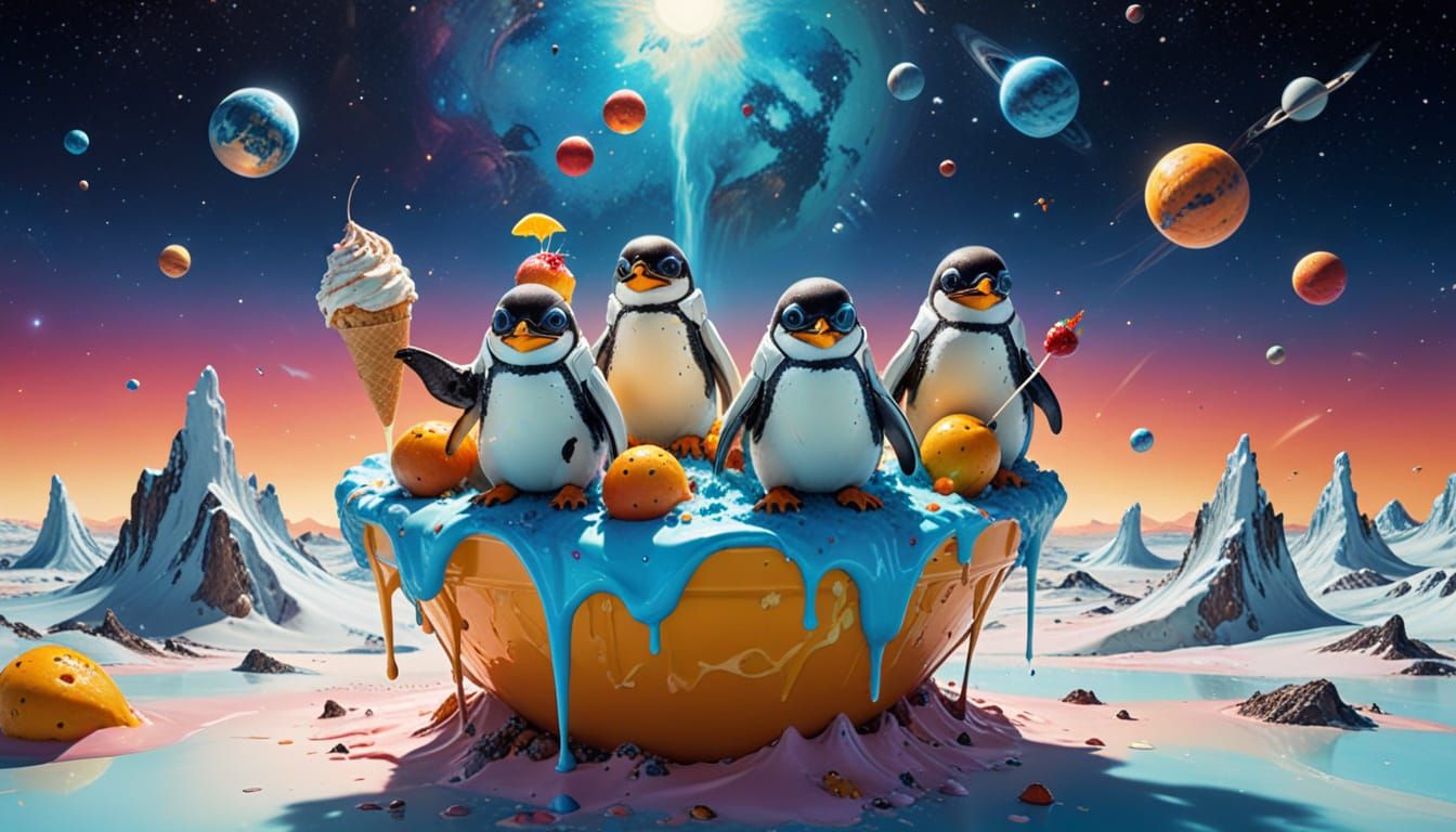 Surreal Penguins in Space on Ice Cream Planet