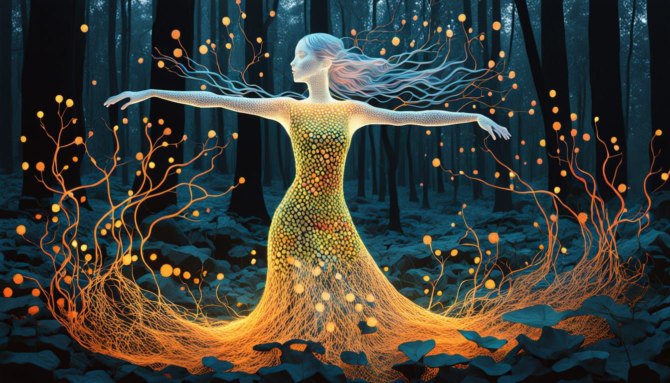 Ethereal Bio Art Goddess Rises from Dark Forest