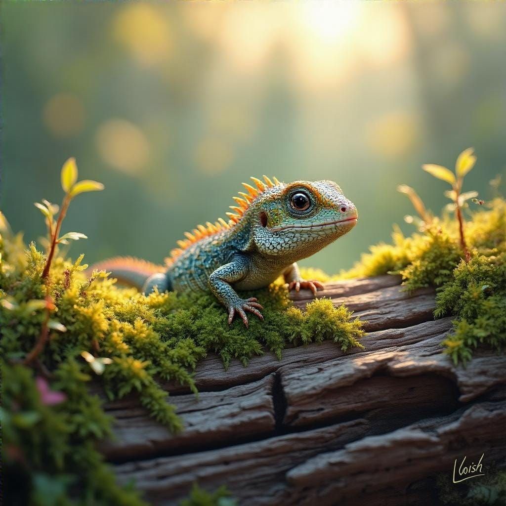 Whimsical Morning Scene of Lizard Emerging from Mossy Log