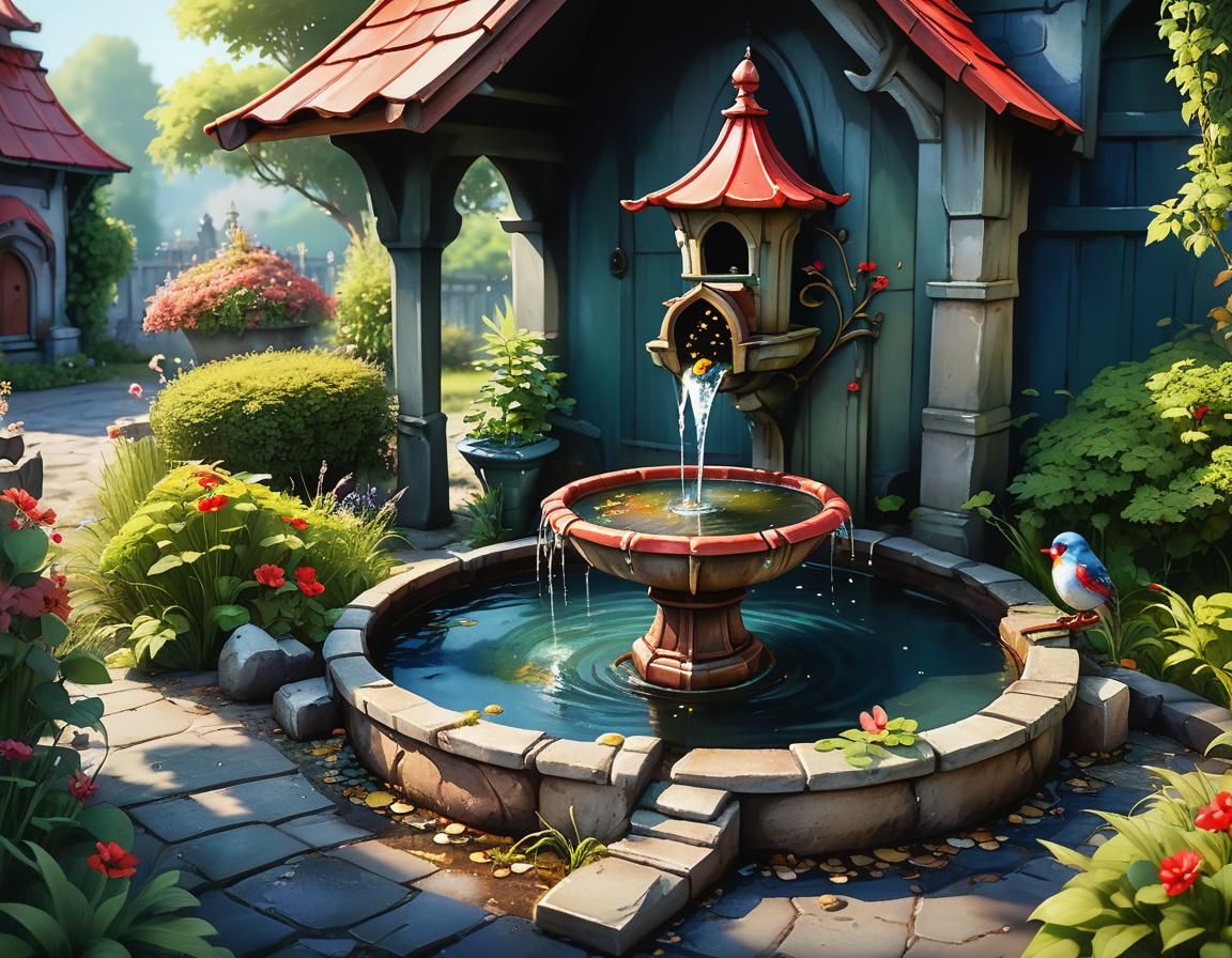 Whimsical Watercolour Fountain with Bird Feeder