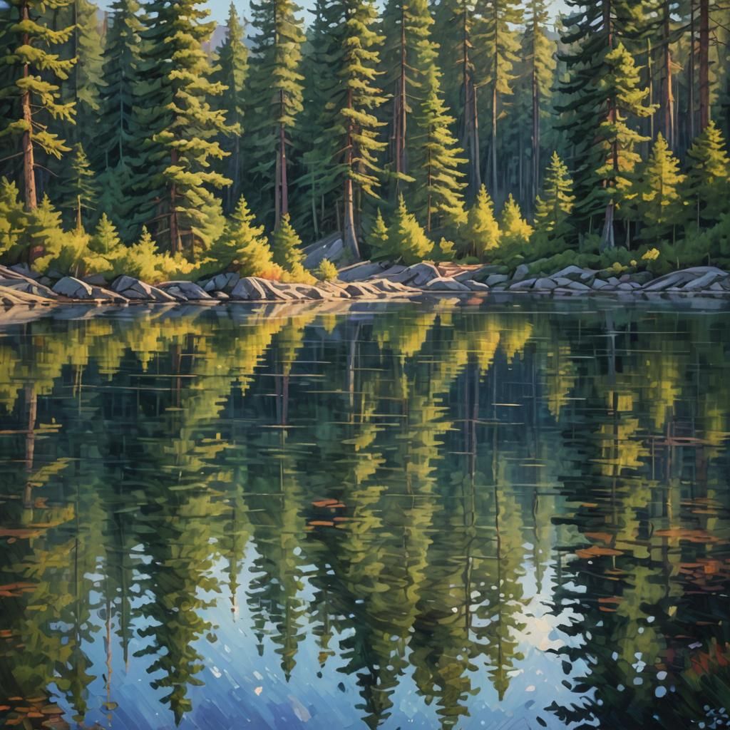 Impressionist Lake Reflects Pine Trees in Golden Light