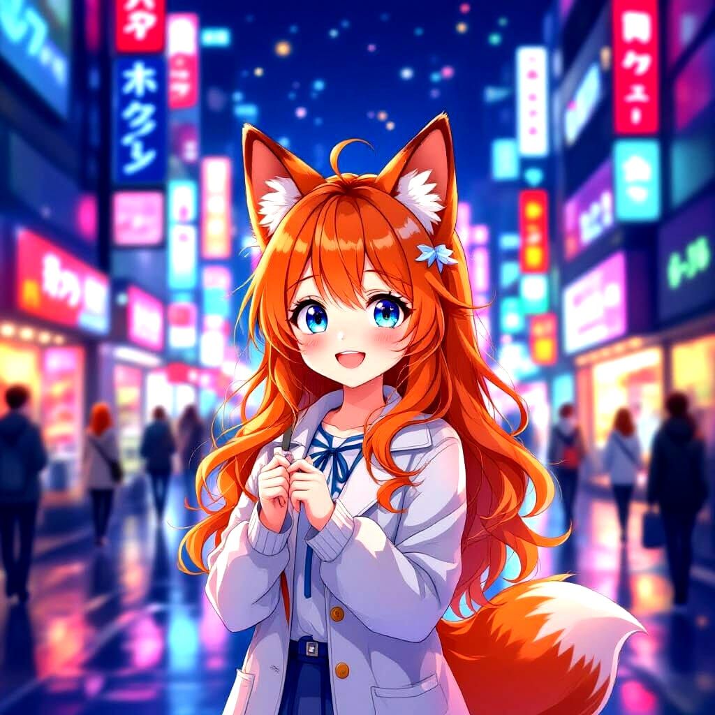 Anime Fox Girl Shopping in Neon Tokyo Streets