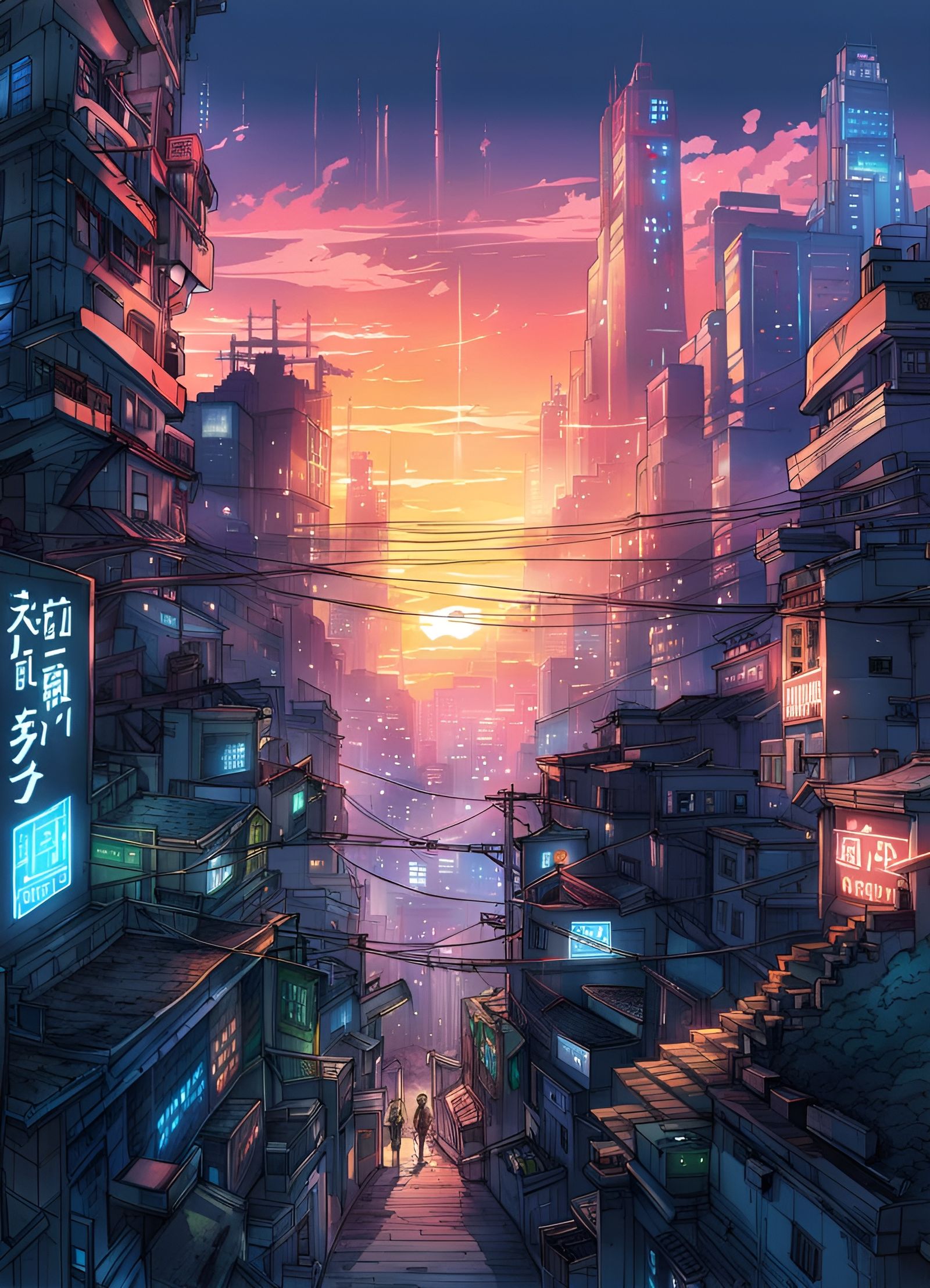 Cyberpunk City Sunrise with Anime Key Visuals