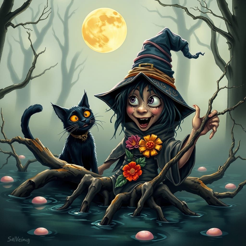 Whimsical Swamp Witch Sinking, Watercolour Painting