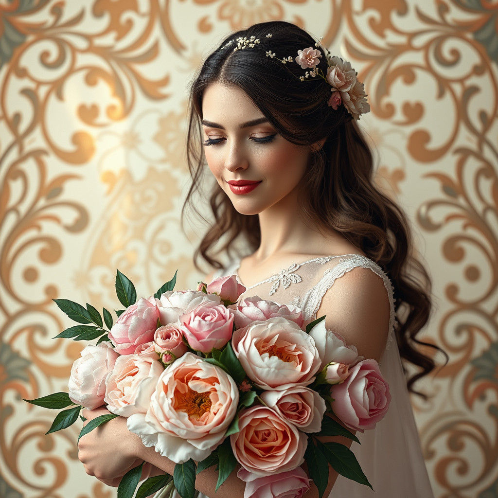 Elegant Woman with Flowers in Art Nouveau Style