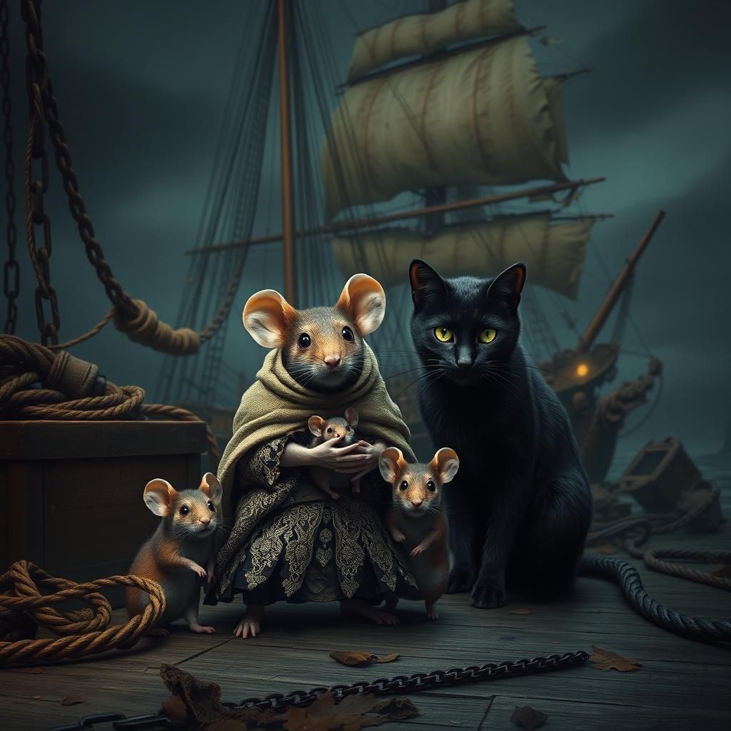 Mouse Family Confronts Cat in London, Detailed Matte Paintin...