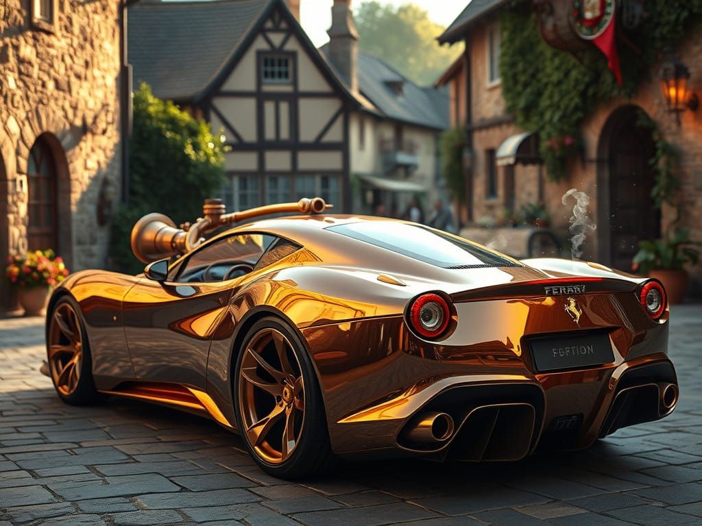 Sleek Steam-Powered Ferrari Glows in Quaint Village Square