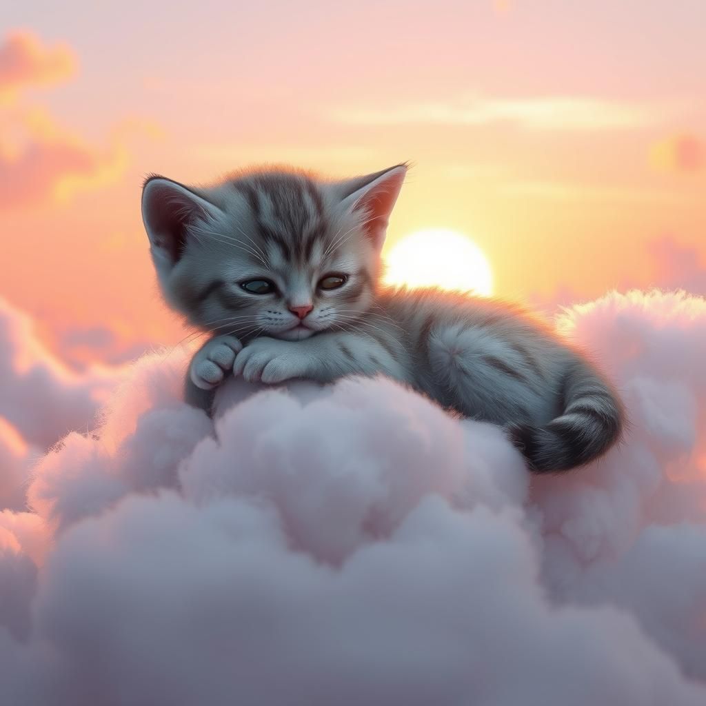 Kitten Napping on Cloud in Pastel Sky
