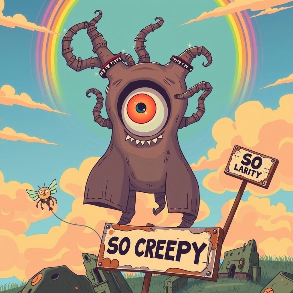 Goofy cartoon eyeball monster with text that says SO CREEPY