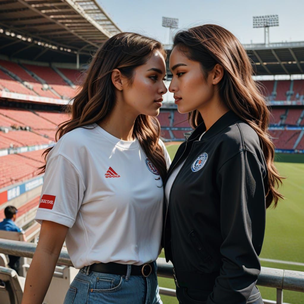 Seductive Women Embracing in a Stadium Setting