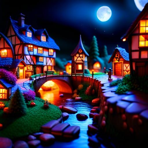 Burning Riverside Village Diorama in Miniaturepunk Style