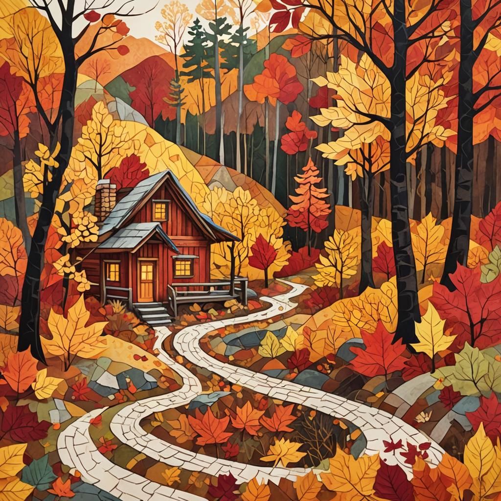 Autumn Paper Collage Landscape in Folk Art Style