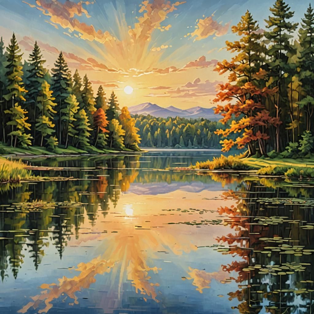 Picturesque Lake Reflection in Oil Painting Style