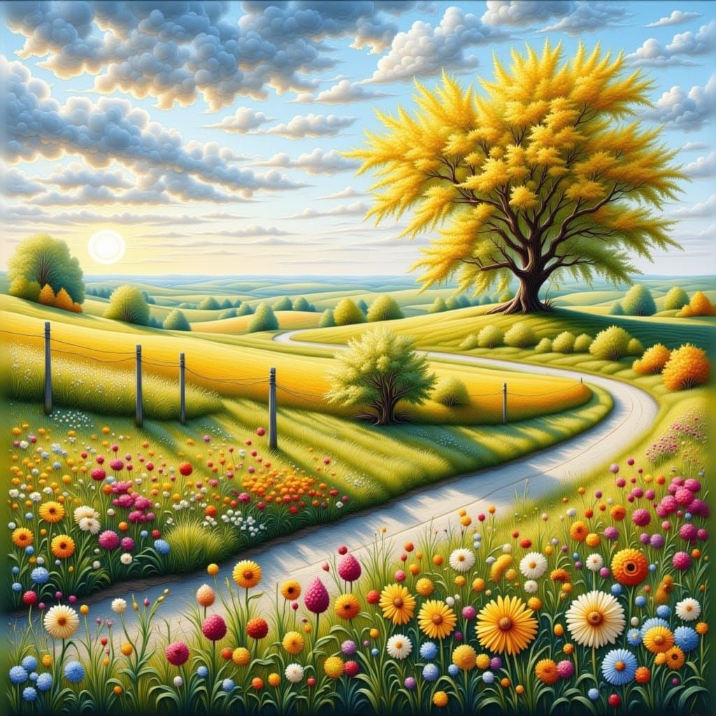 Prairie Spring Landscape in Quilted Embroidery Style