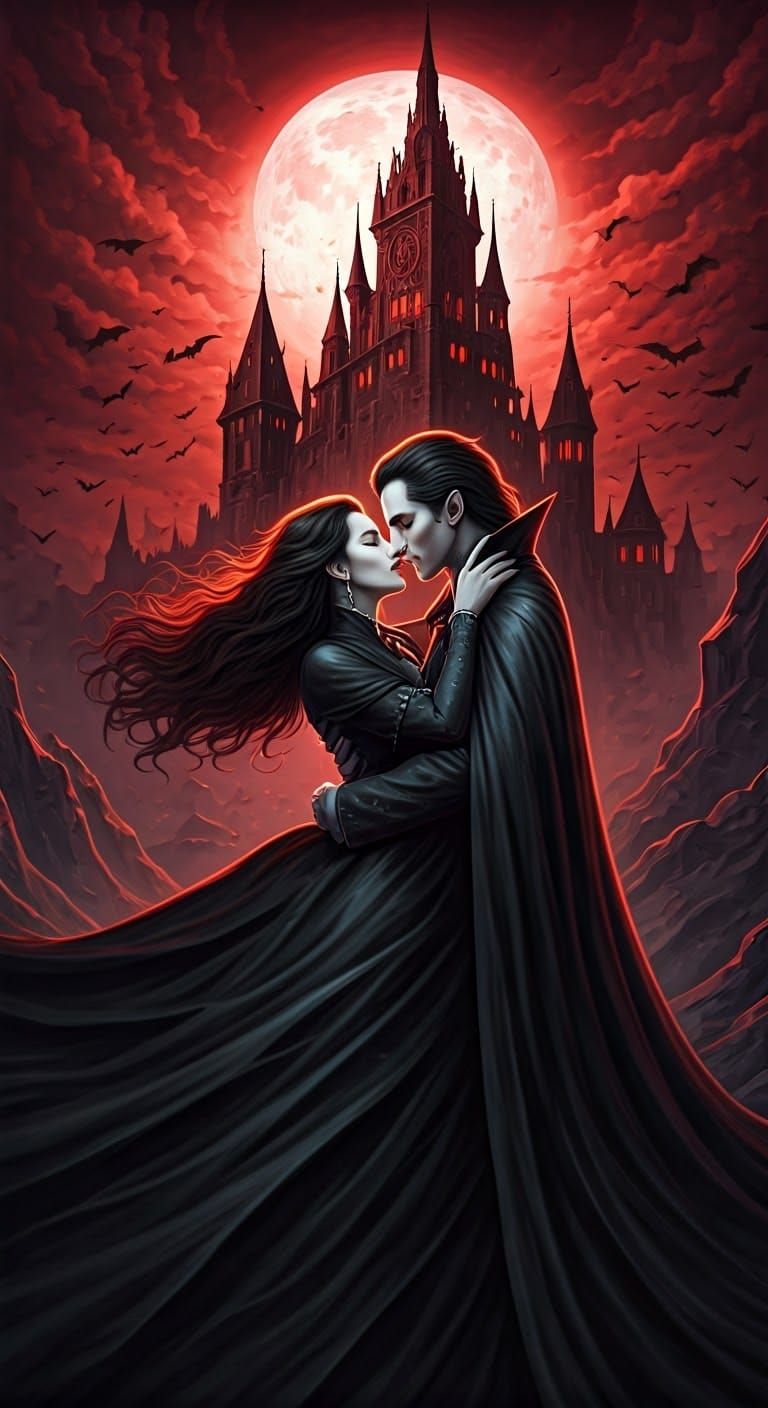 Ethereal Vampire Couple in Gothic Castle Under Crimson Moon