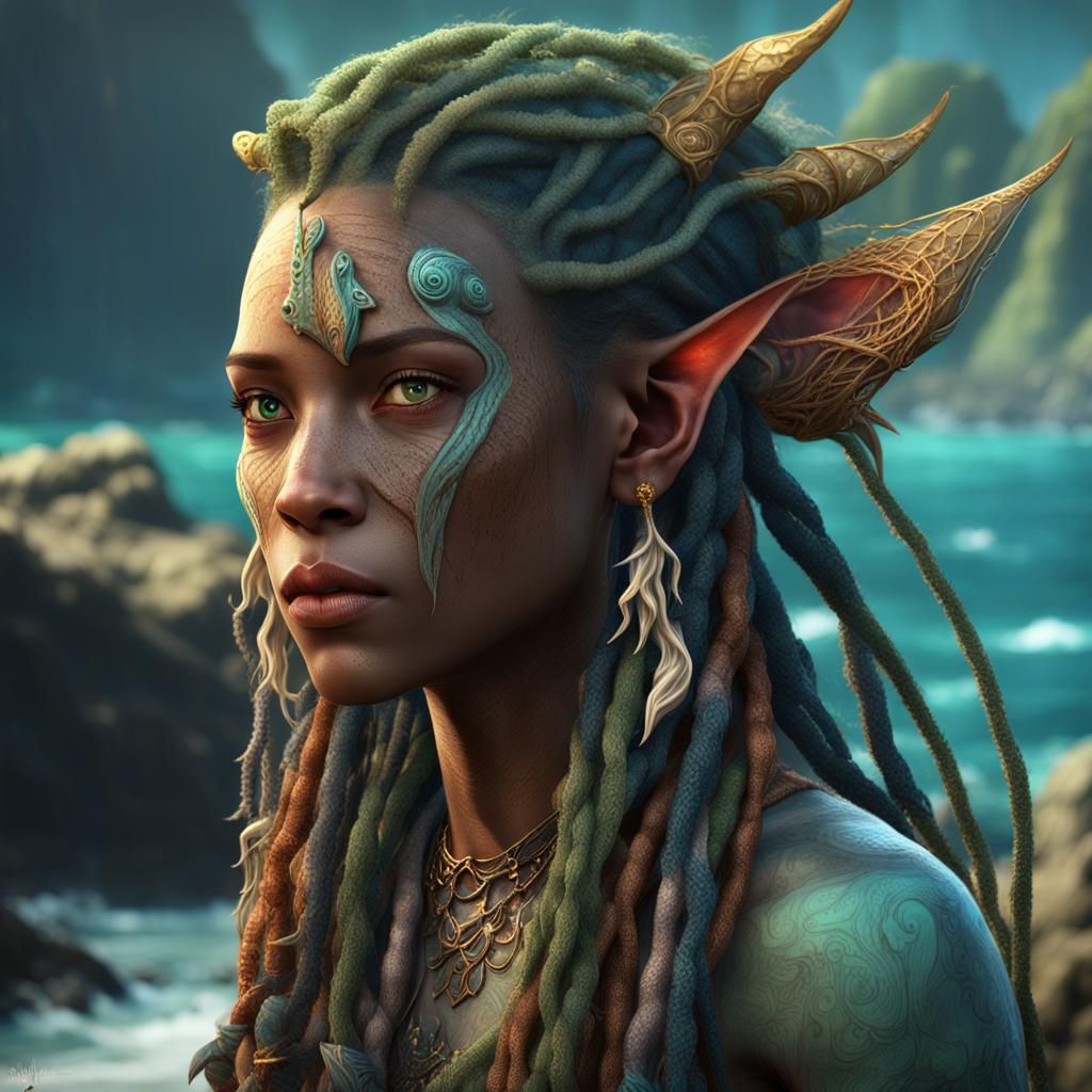 Sea Elf with Seaweed Hair, Fantasy Concept Art