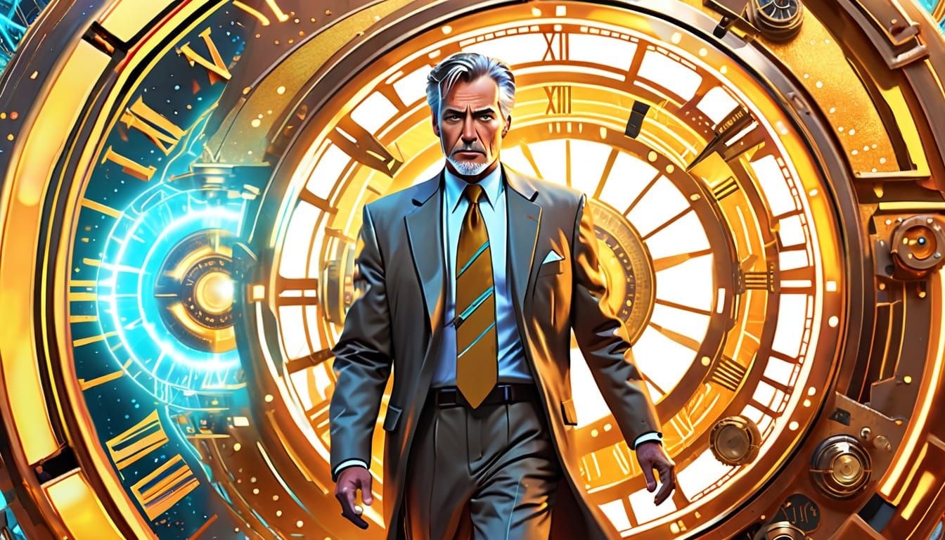 Time Traveler Meets Himself: Vibrant Sci-Fi Digital Art