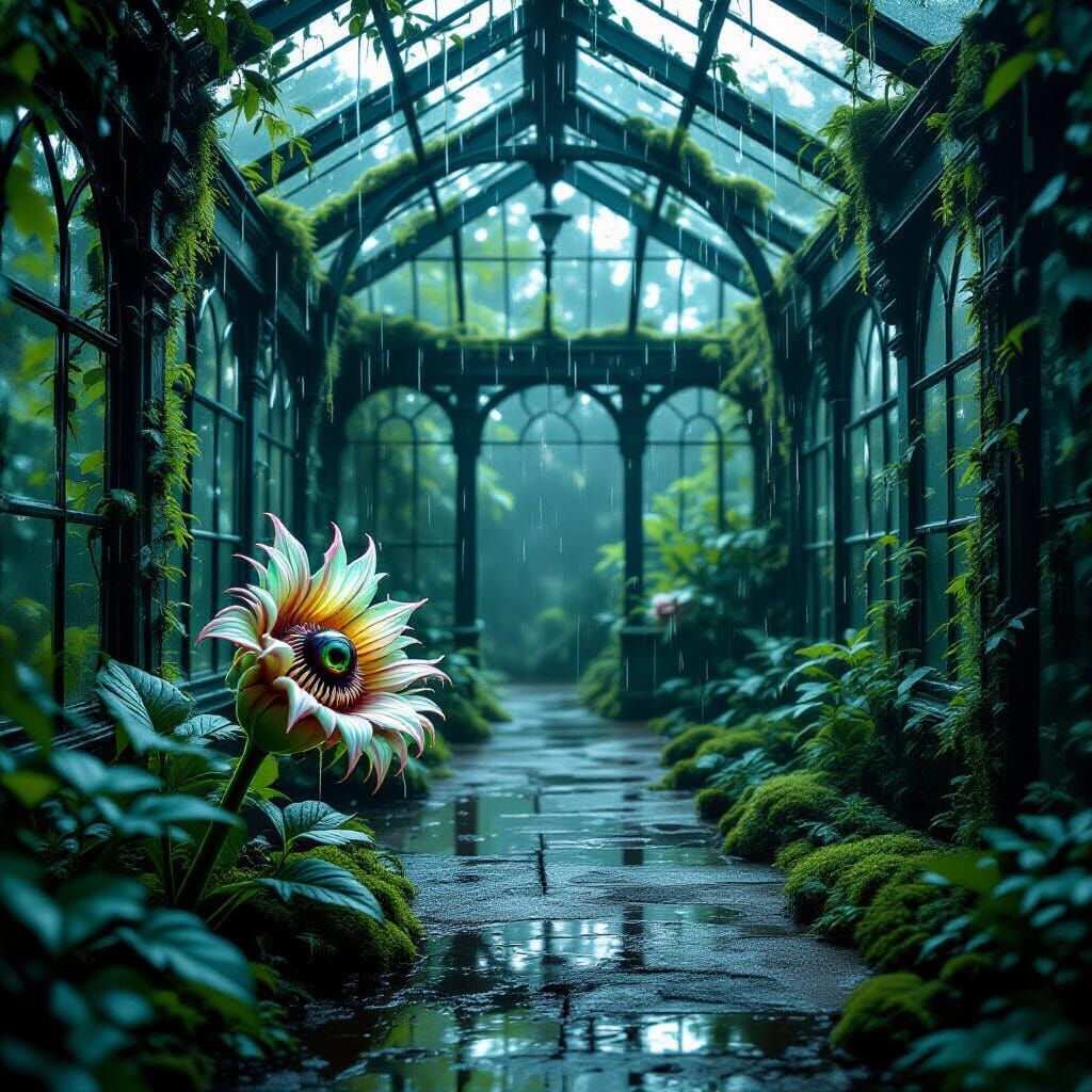 A long-abandoned Victorian greenhouse, choked by phosphorescent fungi and obsidian-black vines. Rain drips constantly fr...