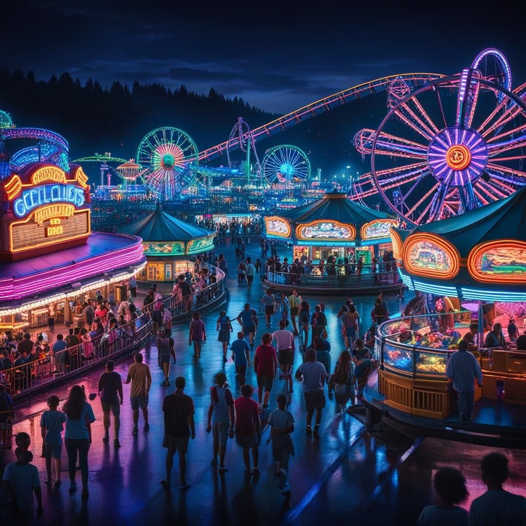 Neon Amusement Park at Night: Cinematic Photography