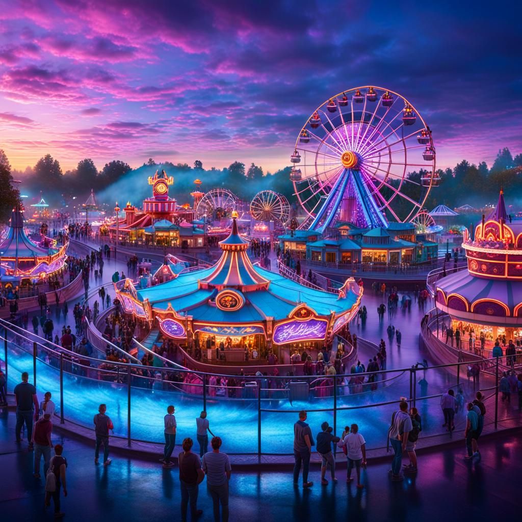 Vibrant Amusement Park at Dusk, Digital Art