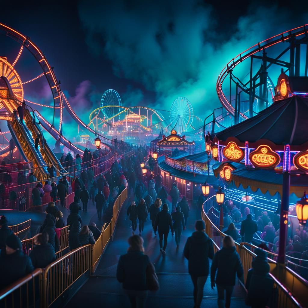 Crowded Amusement Park at Night in Cinematic HDR