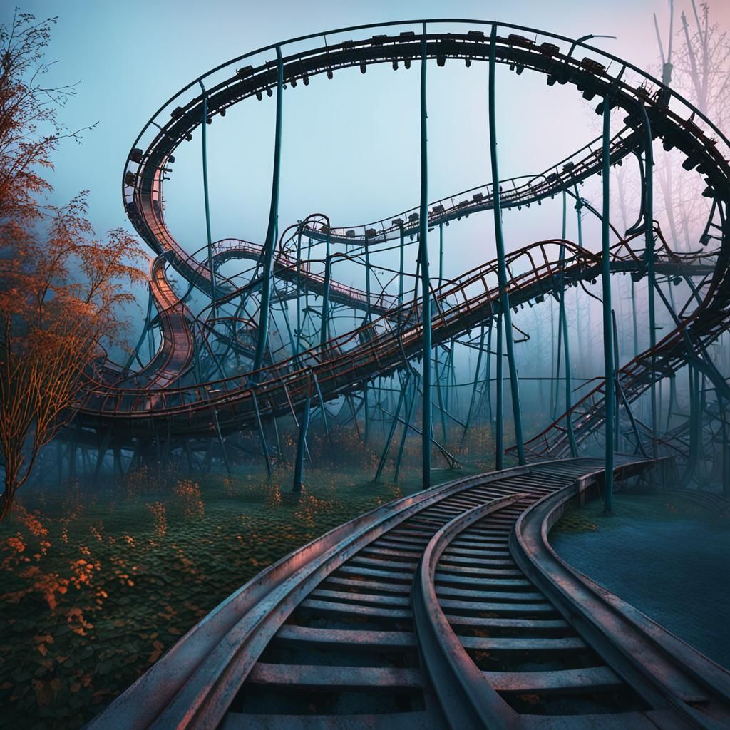 Abandoned Amusement Park at Dawn in Hyper-Realistic Style